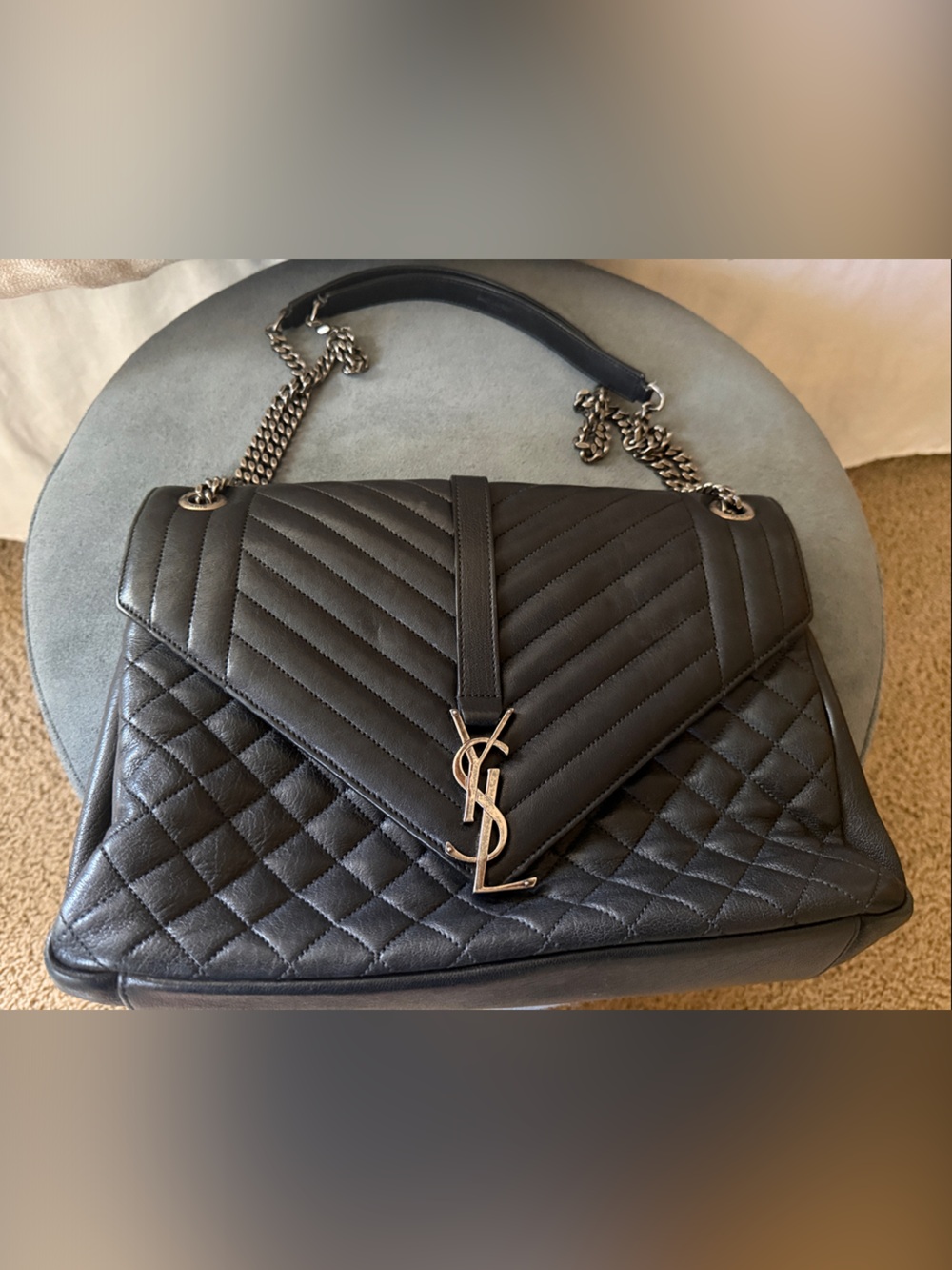 Authentic Yves Saint Laurent Black Quilted Chevron & Diamond Shoulder Bag